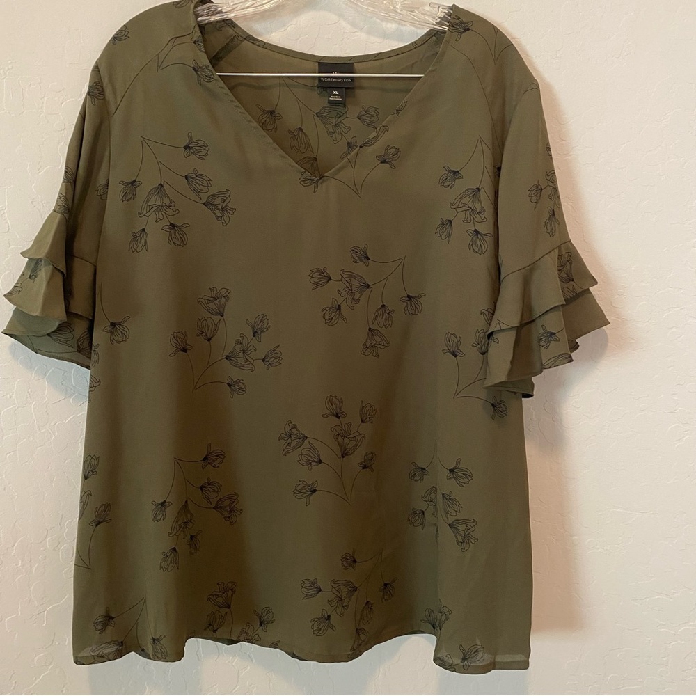 Worthington Olive Floral Ruffle Sleeve Blouse